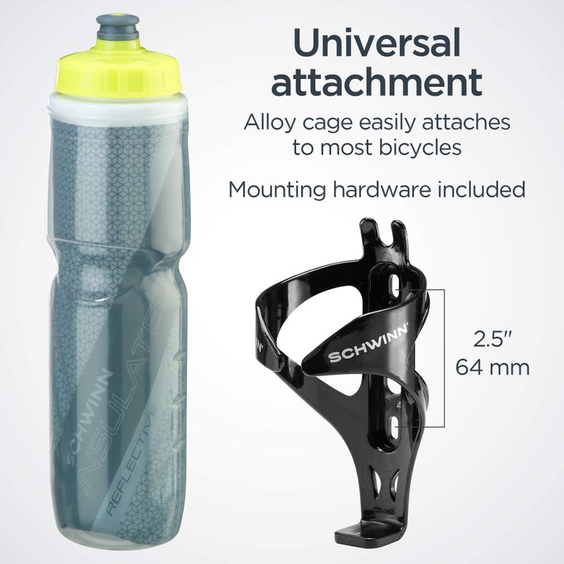 Schwinn Reflective Insulated Water Bottle with Holder for Bicycle, 26 oz, BPA-Free, Dual-Stage Nozzle, Easy Squeeze, Cage Easily Mounts to Bike, Night Visibility, Bike Water Bottle Holder Combo - Image 2